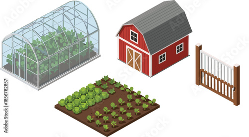 Isometric farm set featuring a glass greenhouse with plants, red barn house, garden vegetable patch, and wooden fence on white.