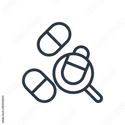 Drug Research Icon. Magnifying Glass Examining Medicine Pills