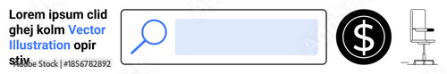 Digital tools, search functionality, online business, finance management, modern design, workplace concepts. Search bar with magnifying glass, dollar symbol and chair. Search functionality