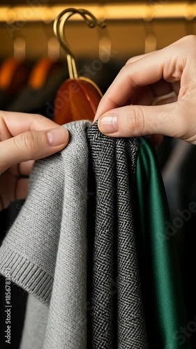 Hands Gently Touching and Examining Fabric Textures of Hanging Garments, Highlighting Quality and Fashion Selection in a Wardrobe or Boutique