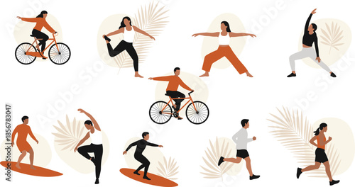 People performing various physical activities including cycling, yoga, surfing, and running in a flat vector style with minimalist leaf backgrounds.