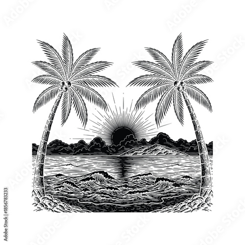 palm trees on the beach engraving outline vector art illustration design, palm tree silhouette, hand drawn beach drawing, line art palm tree, sea, beach, summer view, vintage palm tree on sea beach.