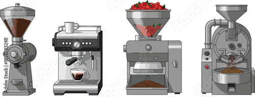 Professional industrial coffee production equipment set featuring a bean roaster, espresso machine, commercial grinder, and coffee cherry pulper isolated on white.