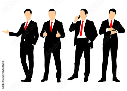 A collection of vector illustrations of silhouettes of businessmen in suits, standing in professional and corporate poses. Isolated on a white background.