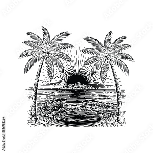 palm trees on the beach engraving outline vector art illustration design, palm tree silhouette, hand drawn beach drawing, line art palm tree, sea, beach, summer view, vintage palm tree on sea beach.