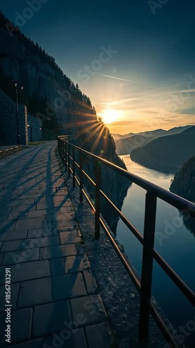 Golden Hour Sunburst Over Serene Mountain River Landscape with Winding Path and Protective Railing, Capturing a Tranquil Sunset View