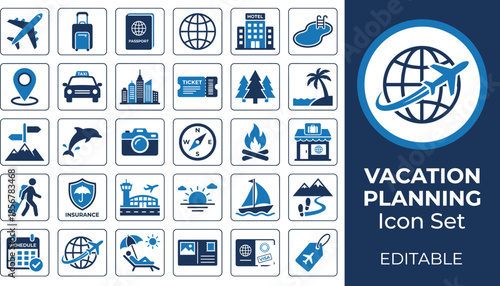 WebVacation planning icon set featuring travel, tourism, flights, hotels, maps, passports, beach activities, adventure, and navigation symbols for trip organization and itinerary design.