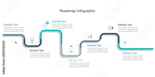 Business road map timeline infographic concept. with icons and 5, 7 options, Corporate milestones graphic elements. workflow layout, diagram, report, web design. Creative, vector	
