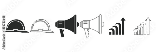 A set of icons representing construction business growth with hard hats and megaphones