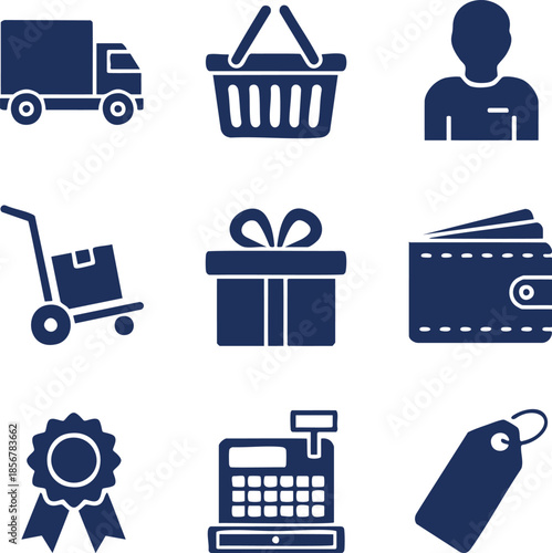 truck, shopping basket, person silhouette, cart, gift box, wallet, badge, cash register, price tag.eps