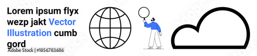 Globe indicating global themes, person holding balloon symbolizing curiosity, and cloud shape signifying modern technology or data storage. Ideal for technology, networking, exploration, connection