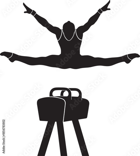 Minimalist black silhouette of a male gymnast performing a straddle jump over a pommel horse. Professional athletic vector icon perfect for gymnastics competition logos and sports graphic design.