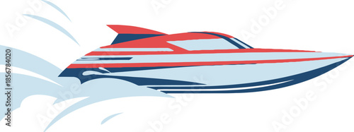 Sleek red and blue speedboat vector illustration with a sharp aerodynamic design. High-speed maritime graphic featuring dynamic water spray, perfect for modern boat racing and luxury nautical branding