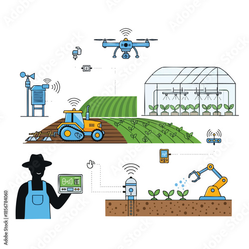 Illustration of smart farming with drones, sensors, robots, and data analysis