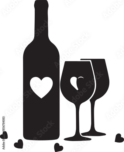 Romantic silhouette of wine bottle and glasses with hearts