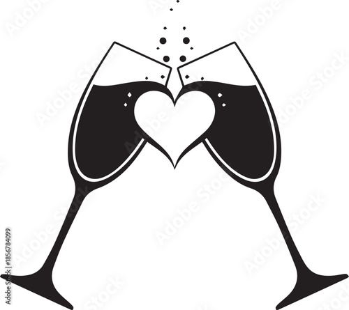 Two wine glasses clinking with a heart shape formed by the liquid and bubbles