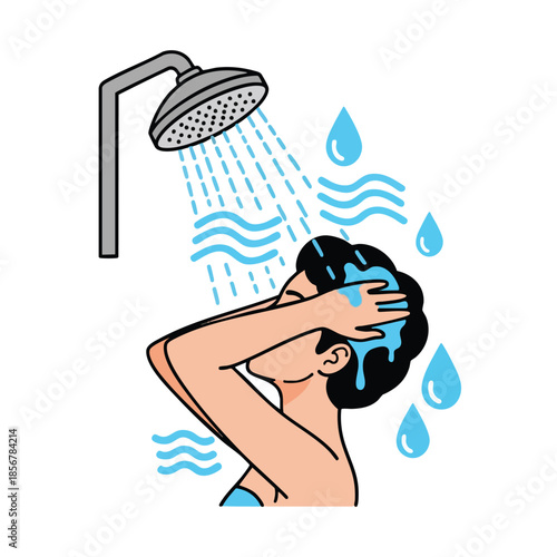 A person in a shower, washing their hair, with water droplets surrounding them