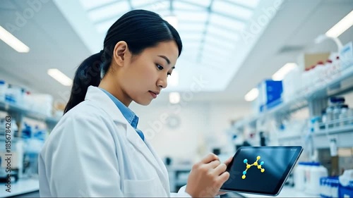 Scientist Analyzing Molecular Structure on Tablet in Modern Laboratory