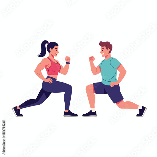 Vector illustration of two people doing lunges facing each other, on a white background