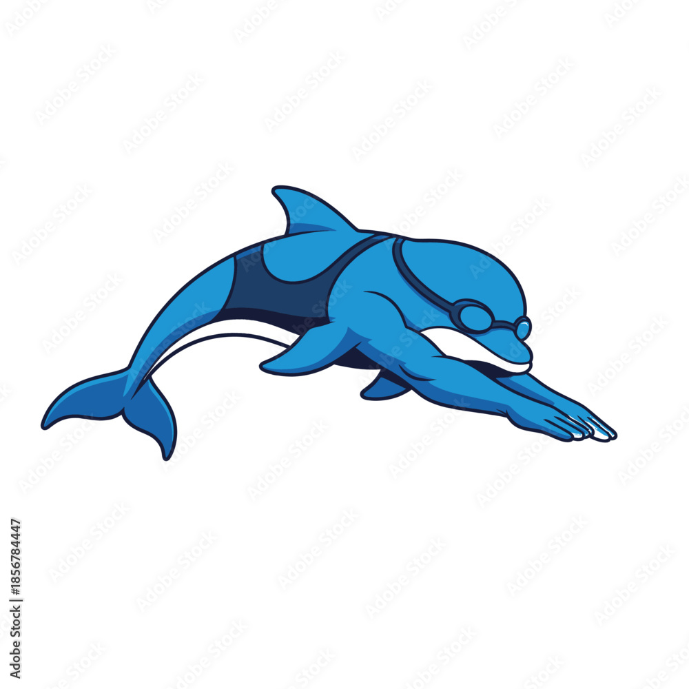 Fototapeta premium Cartoon dolphin character wearing a swimsuit and goggles, poised for a swim race