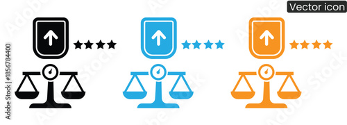 
A set of vector icons featuring scales with star ratings in black, blue, and orange, symbolizing justice, evaluation, and feedback in a modern and colorful design