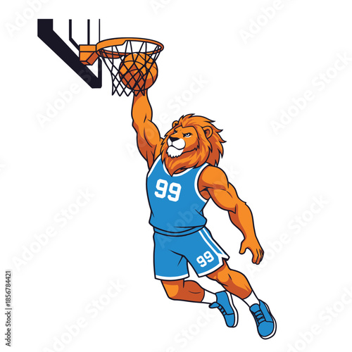 Powerful lion mascot in a blue basketball uniform performing an athletic slam dunk