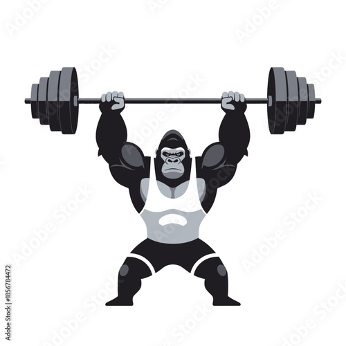 A powerful gorilla weightlifter flexing muscles and performing an overhead press with a heavy barbell