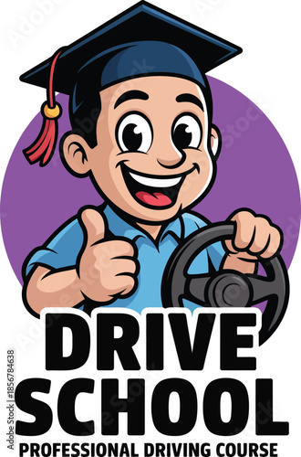 Cartoon boy wearing graduation cap holding steering wheel thumbs up