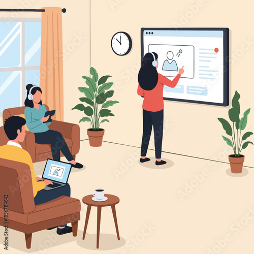 Interior scene shows people attending a video meeting; plants and coffee table present