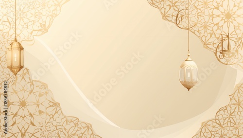 Beautiful golden islamic lanterns and intricate arabesque patterns decorate a soft beige background suitable for ramadan greetings