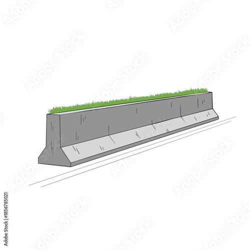 Concrete barrier with grass, on road with parallel lines, illustration