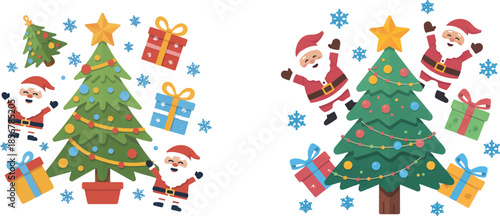 Christmas Santa Clauses and Decorated Trees with Presents and Snowflakes