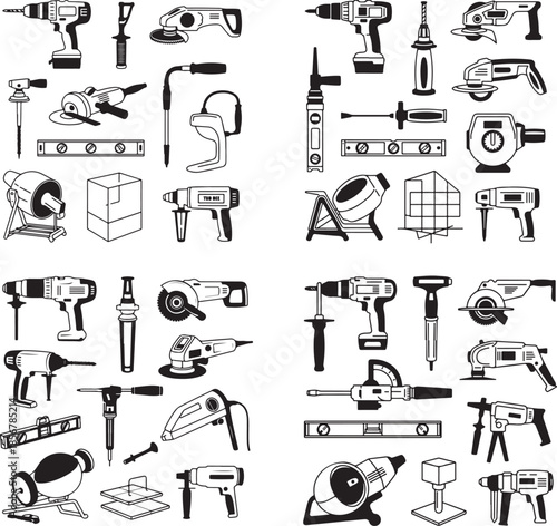 Collection of black and white construction tools and equipment