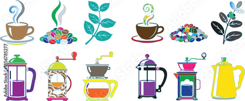 Colorful coffee cups and brewing equipment tea leaves
