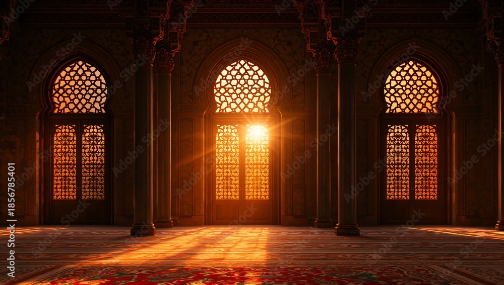 Obraz premium Majestic interior of an ornate mosque hall illuminated by brilliant sun rays streaming through intricately designed arched windows