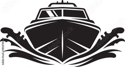 Bold front-view vector of a motor yacht silhouette crashing through waves. Minimalist black and white nautical icon perfect for luxury boating logos, maritime racing, and summer vacation branding.