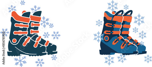Pair of Blue and Orange Ski Boots with Snowflakes Background