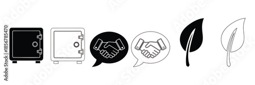 A set of modern icons representing secure business partnerships and eco-friendly growth, perfect for finance and sustainability concepts