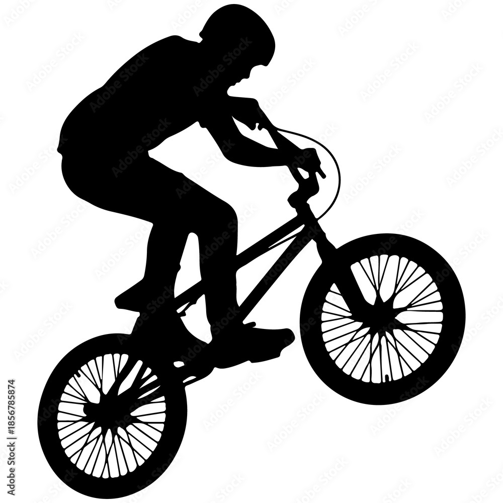 Fototapeta premium Silhouette of a person riding aBMX bike performing a trick on white background