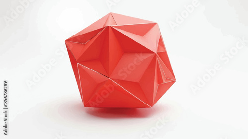 Abstract geometric origami sculpture in vibrant red, showcasing intricate folding techniques and sharp edges, isolated on a clean white background