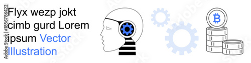 Automation, fintech, blockchain, cryptocurrency, AI, digital economy. Human profile with gear, Bitcoin symbol on stacked coins gear icons. Automation and fintech in a clean composition