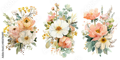 Watercolor floral bouquets set with peonies and greenery