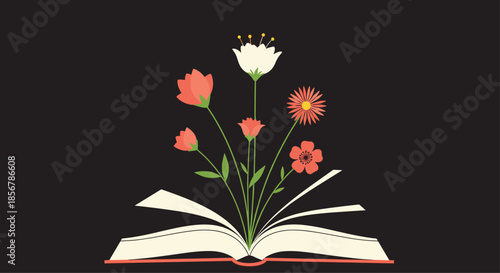 Creative illustration of beautiful colorful flowers growing out of an open book set against a solid dark background.