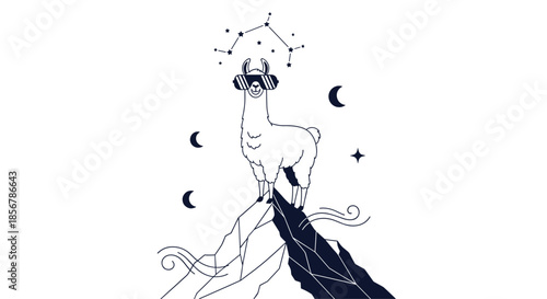 Whimsical illustration of a white llama wearing virtual reality goggles standing on a sharp mountain peak under stars.