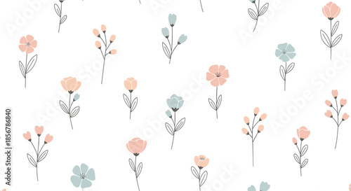 Delicate seamless pattern featuring a variety of small hand drawn flowers and buds in soft pastel colors like peach and blue.