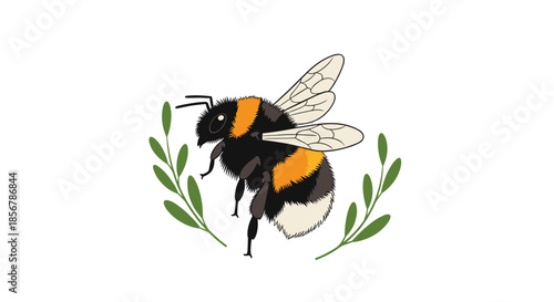 Detailed illustration of a fuzzy bumblebee in flight surrounded by delicate green leaves against a clean white background.