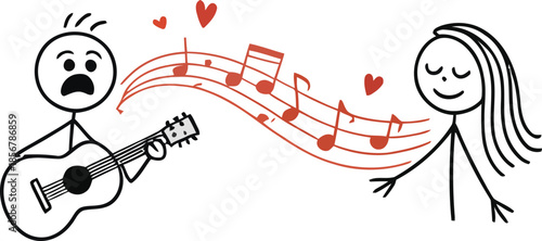 Stick figures playing guitar and listening with musical notes and hearts