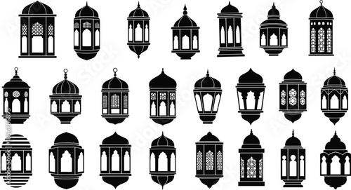Arabic Lantern Silhouette Set, Traditional Islamic Lamp Icons for Ramadan Kareem, Eid Mubarak Celebration, Middle Eastern Decorative Lighting Vector Illustration Graphics