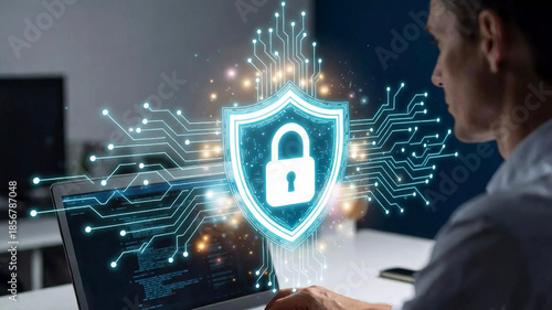 A professional working on a laptop as a luminous cyber shield hologram with a lock symbol materializes above the keyboard