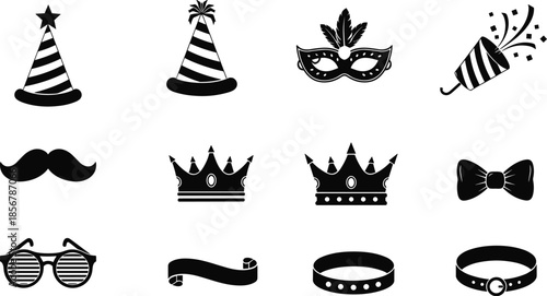 Black Party Accessories Silhouette Set, Masquerade Mask with Feathers, Birthday Hat, Royal Crown, and Round Eyeglasses Icons for Festive Event Design